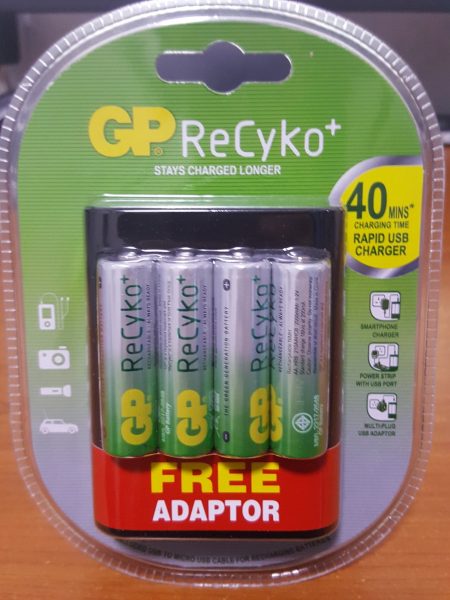 GP ReCyko Fast USB Charger with 4 x AA 2000mAh Battery + Free 2 pin Plug Adaptor